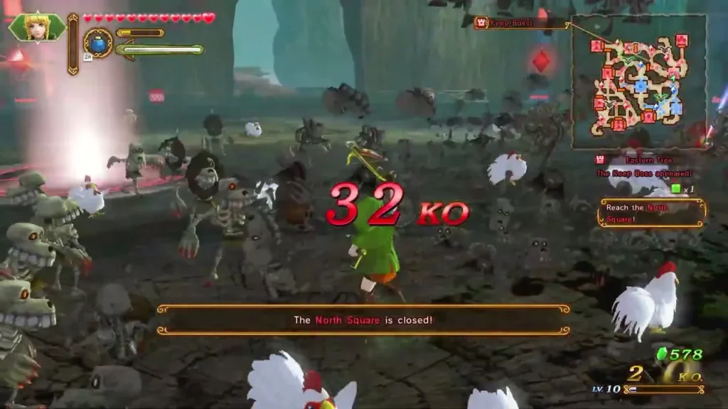 Linkle fights skeletal monsters among Cuccos as a message says the North Square is closed Linkle fights skeletal monsters among Cuccos as a message says the North Square is closed
