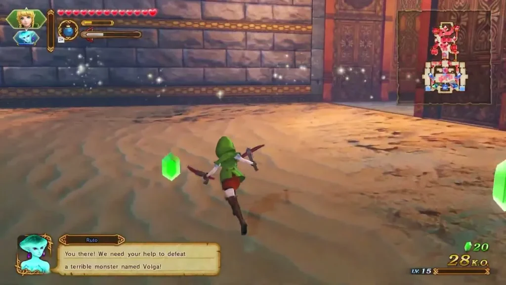 Linkle runs across the sand while Ruto asks for help against a terrible monster named Volga Linkle runs across the sand while Ruto asks for help against a terrible monster named Volga