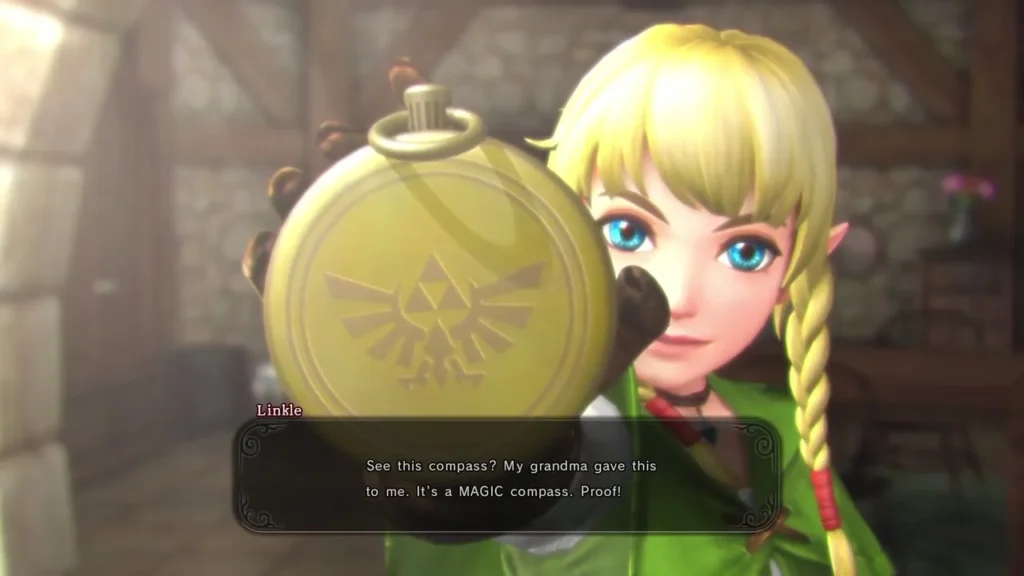 Linkle holds up her magic compass in her village, saying her grandmother gave it to her Linkle holds up her magic compass in her village, saying her grandmother gave it to her