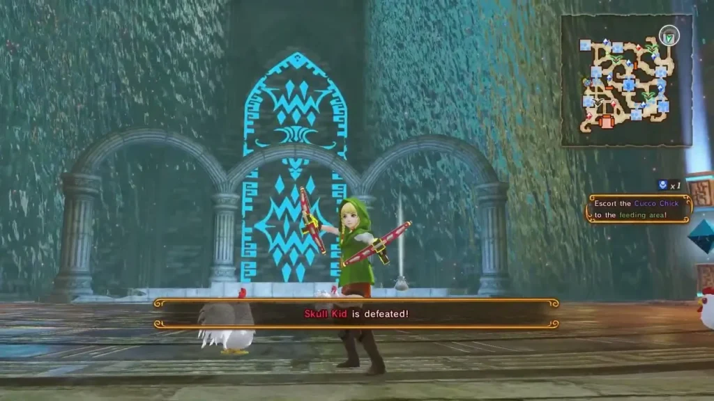 A banner says Skull Kid is defeated as Linkle stands among the Cuccos A banner says Skull Kid is defeated as Linkle stands among the Cuccos