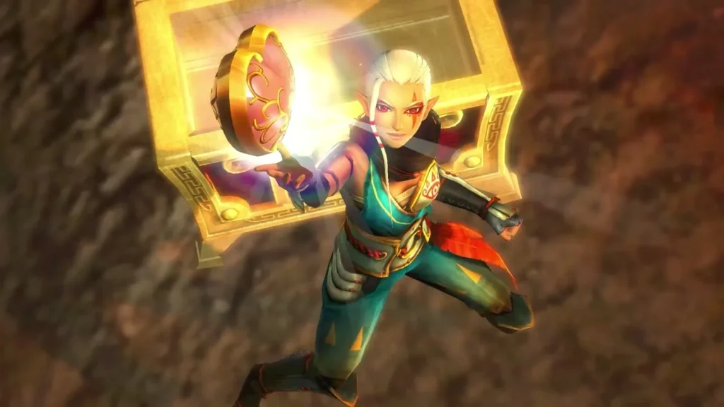 Impa holds up a Heart Container from the chest Impa holds up a Heart Container from the chest