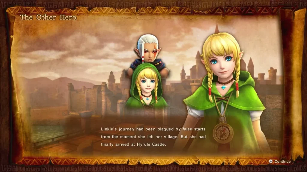 Story card: Linkle finally arrived at Hyrule Castle, with Impa behind her Story card: Linkle finally arrived at Hyrule Castle, with Impa behind her