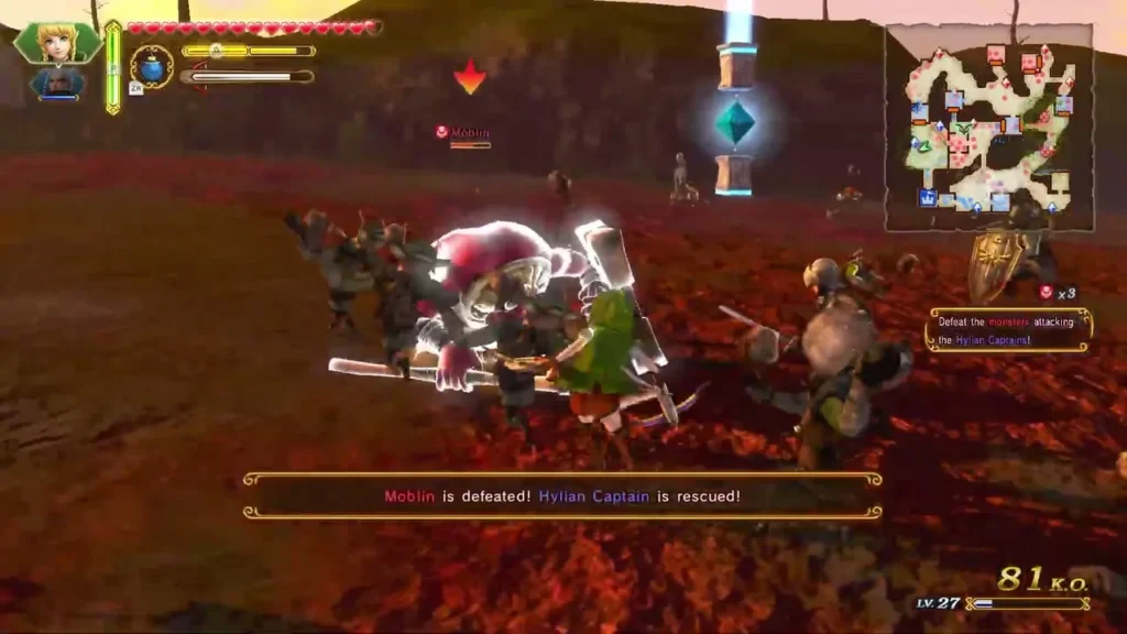 Linkle fights among the monsters as a Moblin is defeated and a Hylian Captain is rescued Linkle fights among the monsters as a Moblin is defeated and a Hylian Captain is rescued