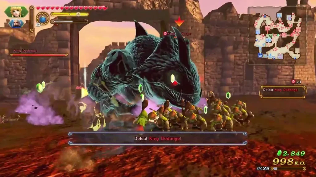 King Dodongo towers over the castle gate under the objective to defeat him King Dodongo towers over the castle gate under the objective to defeat him