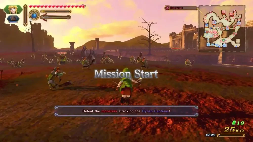 Mission Start banner and the objective to defeat monsters attacking the Hylian Captains Mission Start banner and the objective to defeat monsters attacking the Hylian Captains