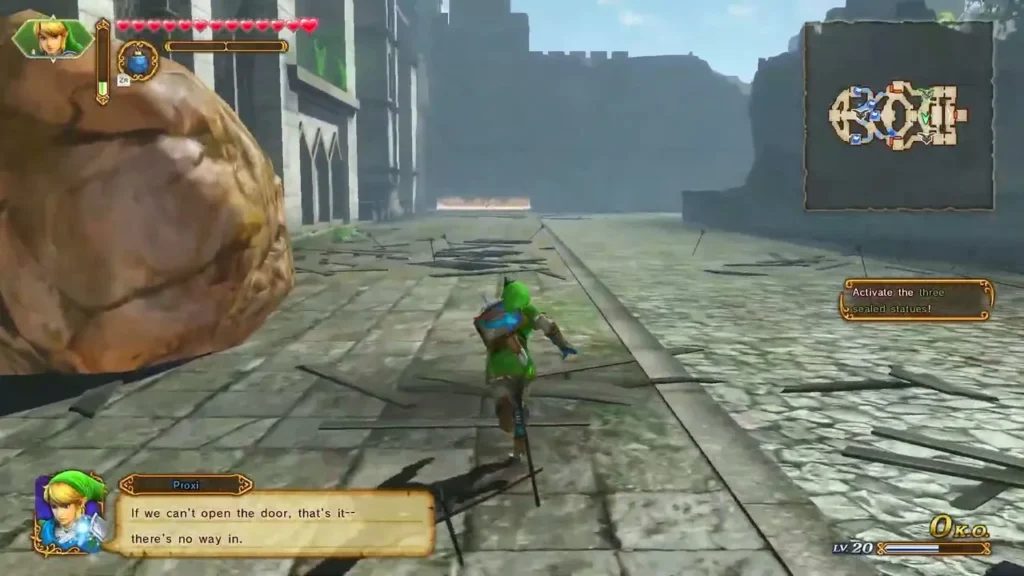 A large boulder sits at the edge of the ruined street as Proxi says there is no way in