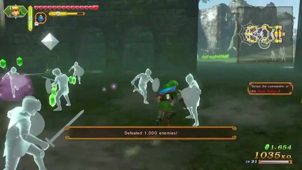 A banner says Defeated 1,000 enemies as Link fights among the ghost soldiers