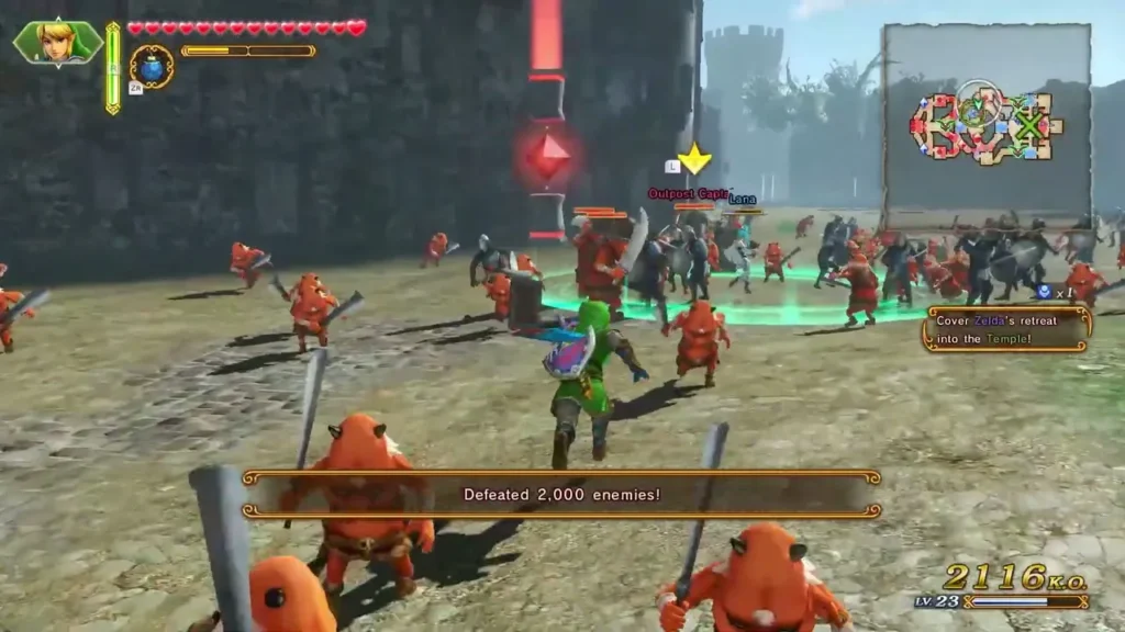 A banner says Defeated 2,000 enemies while Link fights red foes in the field