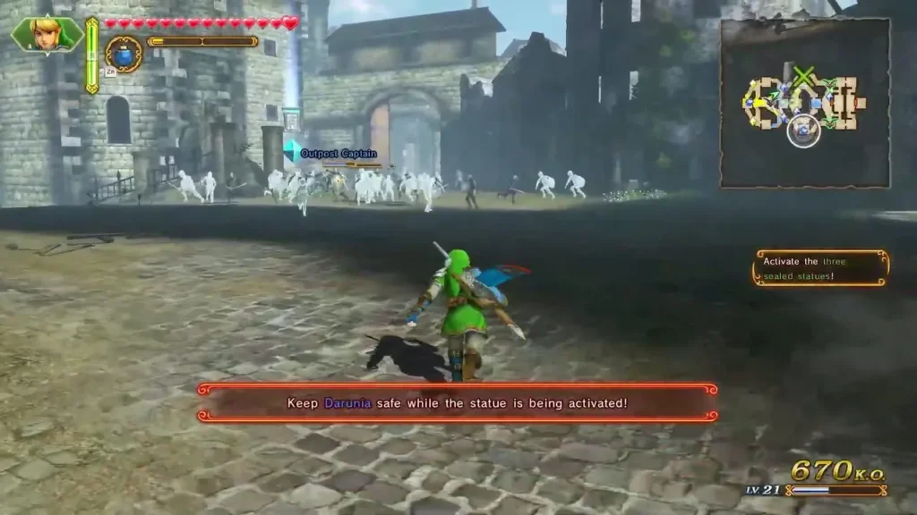 Banner says to keep Darunia safe while the statue is being activated as Link runs through the ruins