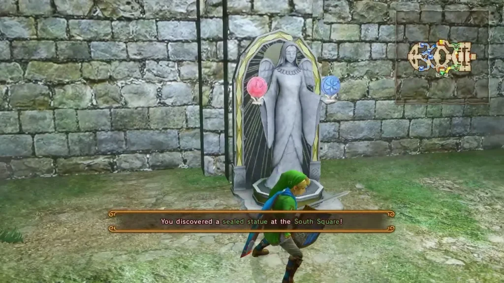 Link beside a sealed statue as the game announces a sealed statue at the South Square