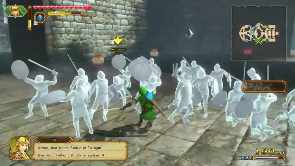 Zelda tells Midna that the Statue of Twilight can be awakened, as Link fights ghost soldiers