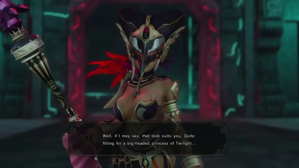 Cia, masked and holding a staff, speaks in a dialogue box Cia, masked and holding a staff, speaks in a dialogue box