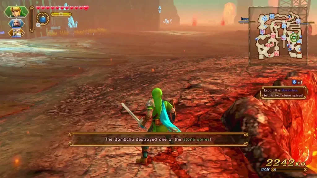 Banner reads The Bombchu destroyed one of the stone spires as Link follows the escort