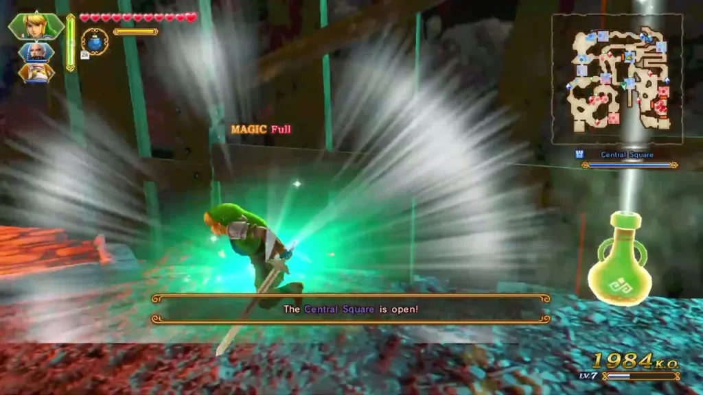 Banner reads The Central Square is open as Link stands in the lava field
