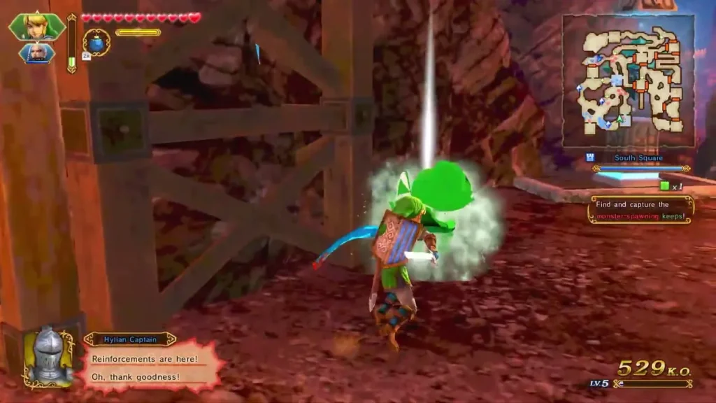 The Hylian Captain says reinforcements are here while Link runs past a wooden gate