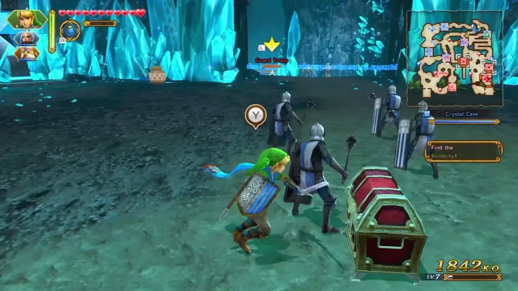Link stands at the Crystal Cave chest with Hylian soldiers around him