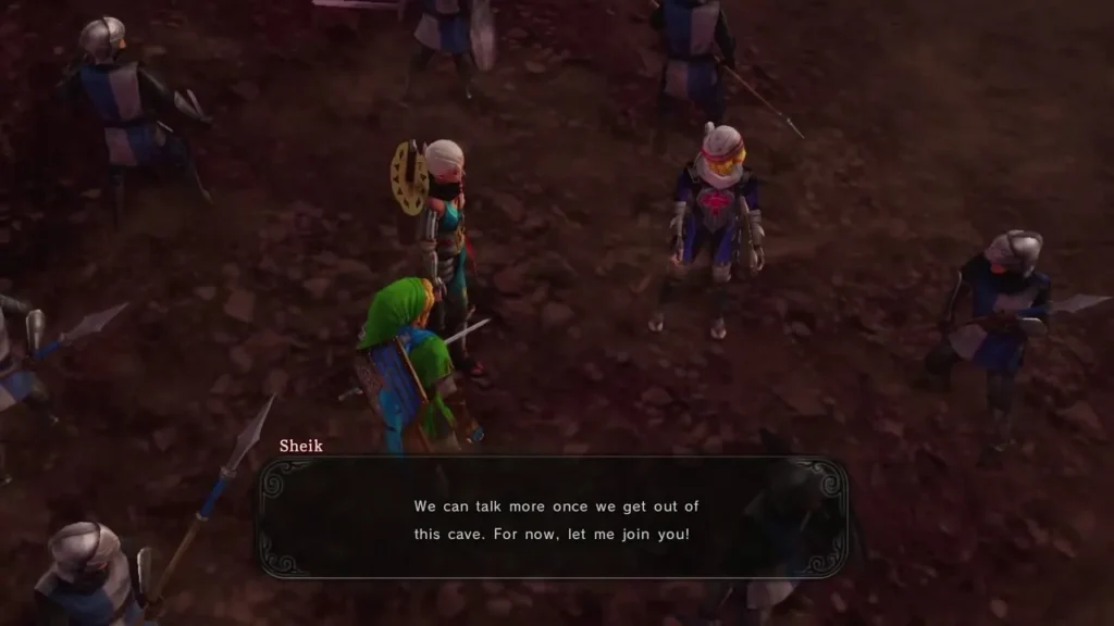 Sheik offers to join the party once they leave the cave, Hylian soldiers around
