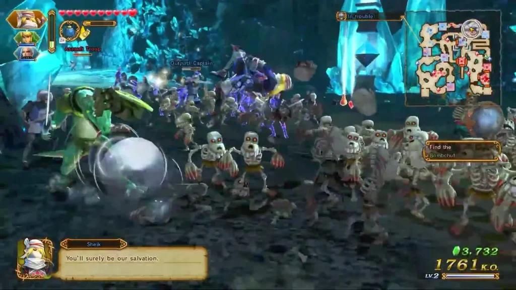 Sheik speaks to Link in the Crystal Cave amid a skeleton horde