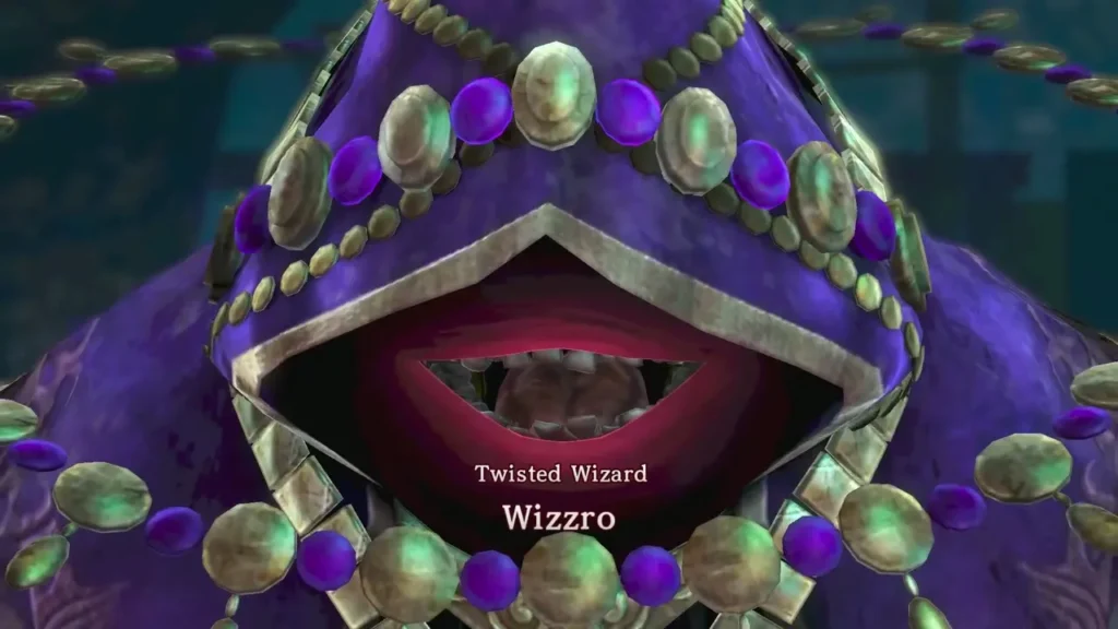 Name card for Twisted Wizard Wizzro over his hooded portrait