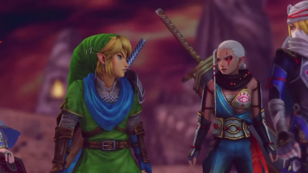 Impa with her white braid and sword stands between Link and Sheik in a dim hall