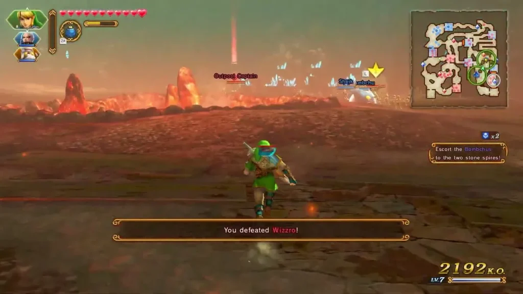 Banner reads You defeated Wizzro as Link stands in the lava field