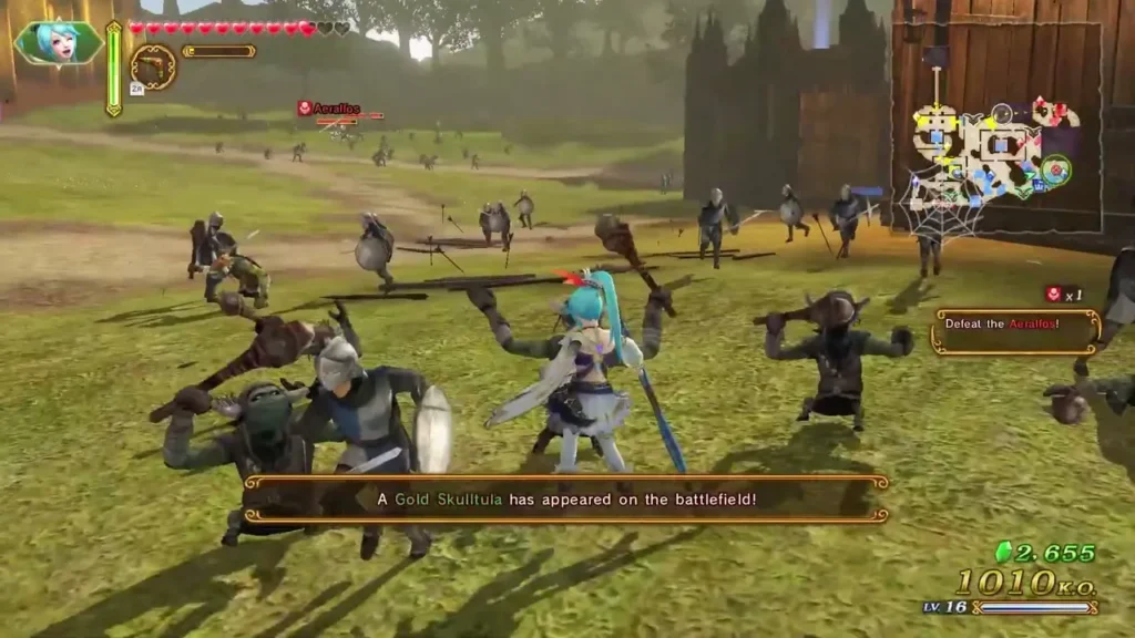 Battlefield with the message A Gold Skulltula has appeared, and a teal-haired ally fighting nearby soldiers Battlefield with the message A Gold Skulltula has appeared, and a teal-haired ally fighting nearby soldiers
