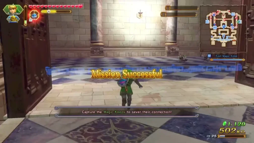 Link in a Temple of Souls hall under a Mission Successful banner, with the objective to capture the Magic Keeps Link in a Temple of Souls hall under a Mission Successful banner, with the objective to capture the Magic Keeps