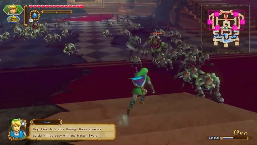 Link faces a crowd of green enemies in a checkered Temple of Souls hall Link faces a crowd of green enemies in a checkered Temple of Souls hall