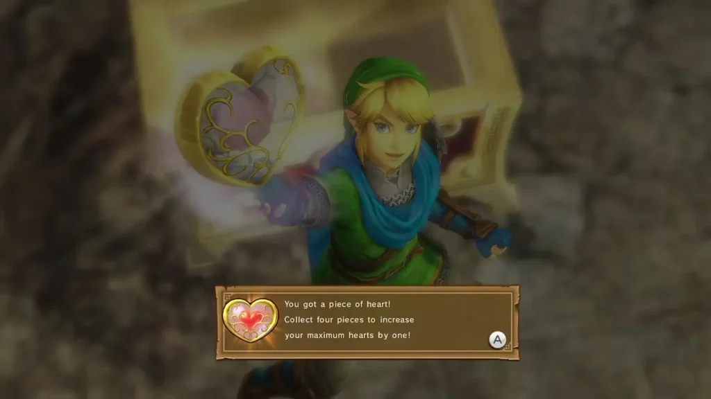 Link opens a chest and holds up a Piece of Heart with the message You got a piece of heart Link opens a chest and holds up a Piece of Heart with the message You got a piece of heart