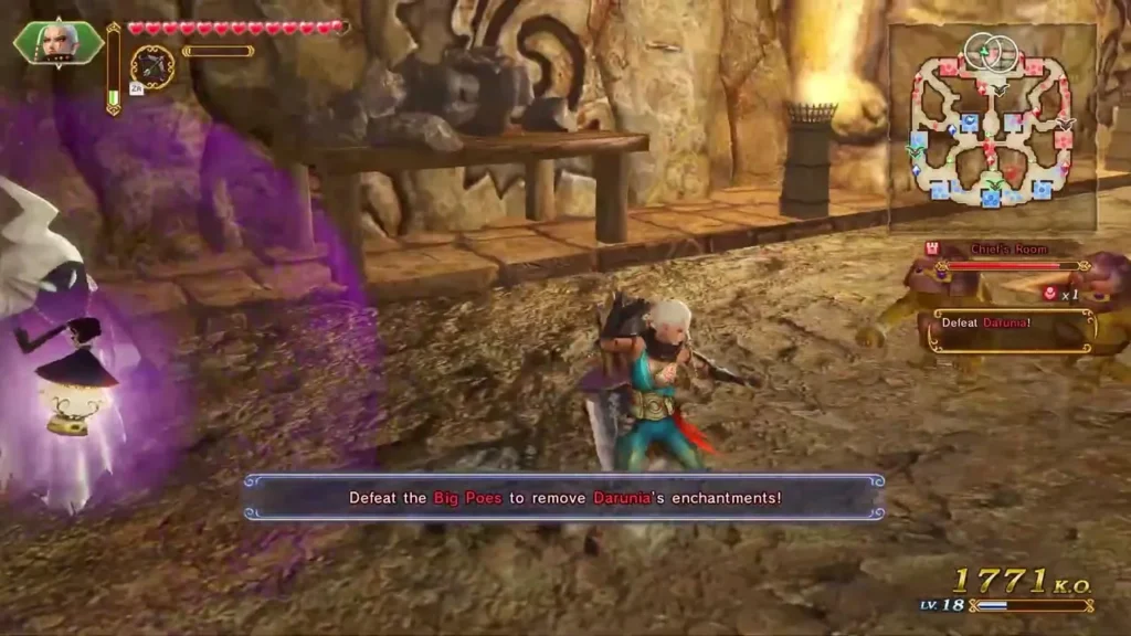 A Big Poe ghost swings its lantern in a Goron chamber beside a message about defeating the Big Poes A Big Poe ghost swings its lantern in a Goron chamber beside a message about defeating the Big Poes