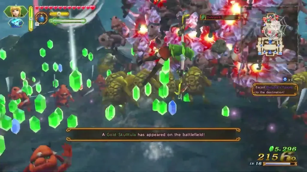 A message box announces that a Gold Skulltula has appeared on the battlefield above a crowd of enemies and green Rupees A message box announces that a Gold Skulltula has appeared on the battlefield above a crowd of enemies and green Rupees
