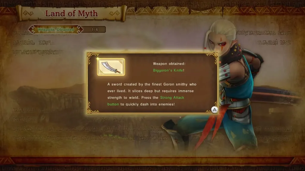 The Biggoron's Knife reward card on the Land of Myth results screen The Biggoron's Knife reward card on the Land of Myth results screen