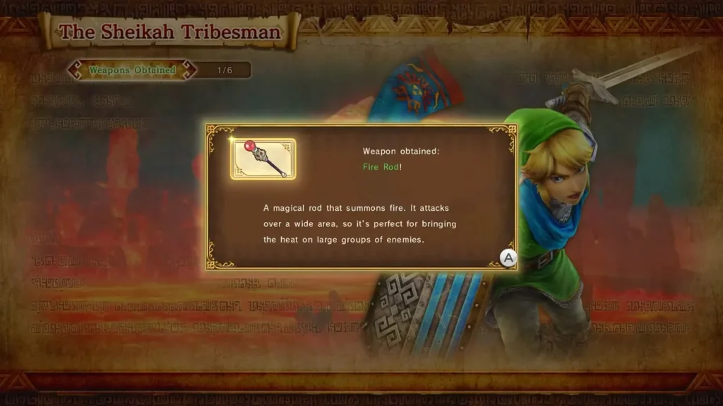 The Fire Rod reward card on The Sheikah Tribesman results screen The Fire Rod reward card on The Sheikah Tribesman results screen
