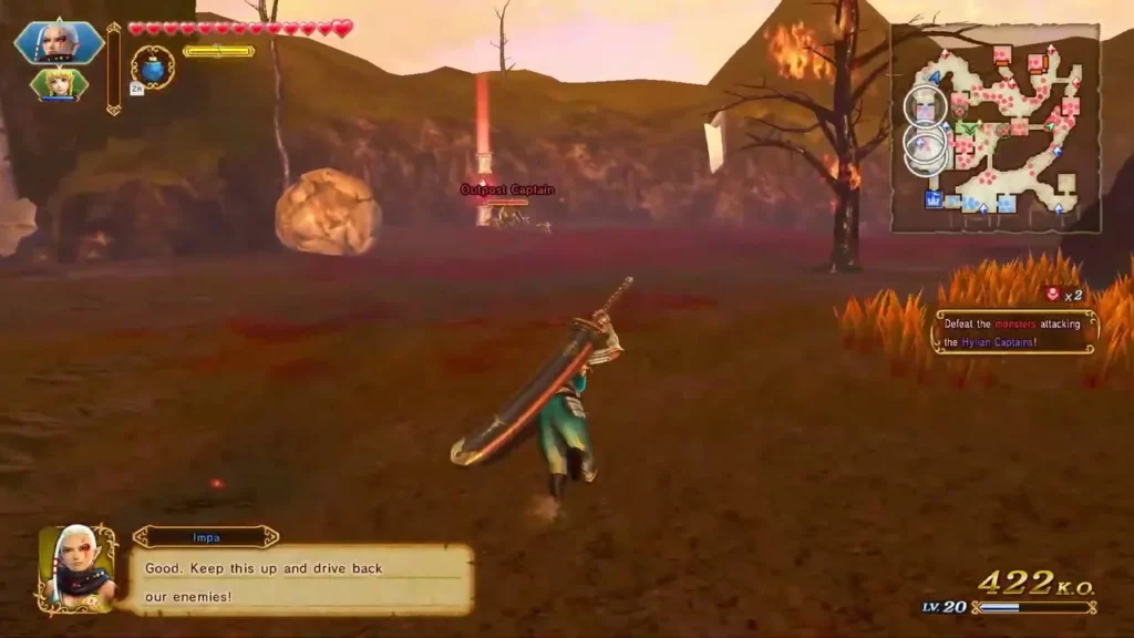 Impa charges across the field past a boulder with her sword drawn Impa charges across the field past a boulder with her sword drawn