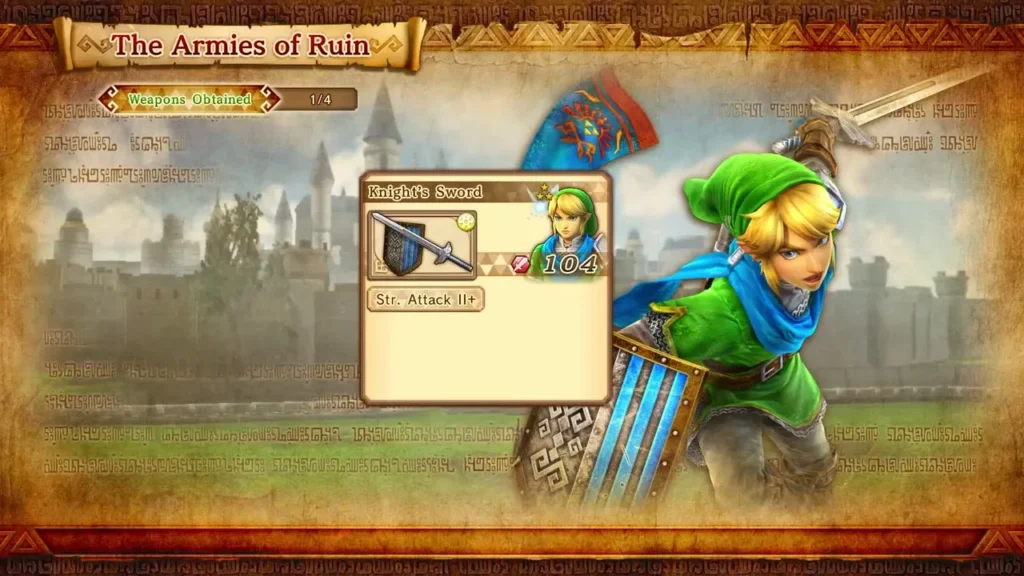 Knight's Sword card on the weapons-obtained screen, showing its strength of 104 Knight's Sword card on the weapons-obtained screen, showing its strength of 104