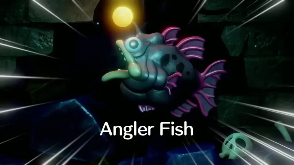 The Angler Fish name card over the glowing-lure fish in the flooded arena The Angler Fish name card over the glowing-lure fish in the flooded arena