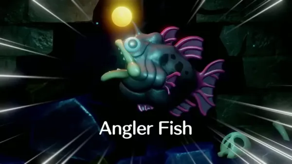 The Angler Fish name card over the glowing-lure fish in the flooded arena The Angler Fish name card over the glowing-lure fish in the flooded arena