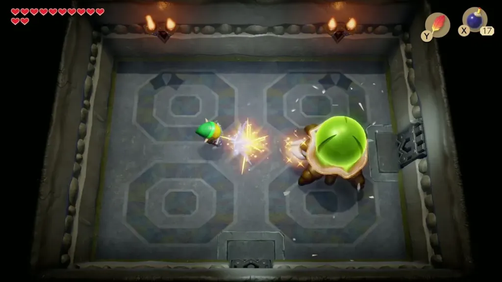 Link striking the Hardhit Beetle while its shell is view green Link striking the Hardhit Beetle while its shell is view green