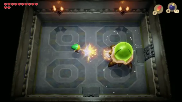 Link striking the Hardhit Beetle while its shell is view green Link striking the Hardhit Beetle while its shell is view green