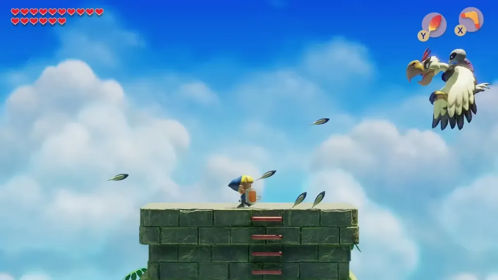 Feathers flying across the tower top as Link stands his ground Feathers flying across the tower top as Link stands his ground