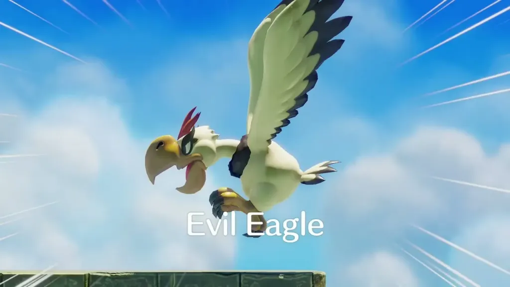 The Evil Eagle name card as the bird dives in over the open sky The Evil Eagle name card as the bird dives in over the open sky