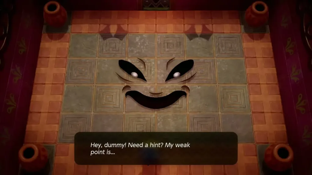 Facade's grinning face forming in the floor tiles while Link stands at the bottom wall Facade's grinning face forming in the floor tiles while Link stands at the bottom wall