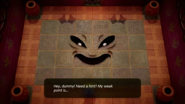 Facade's grinning face forming in the floor tiles while Link stands at the bottom wall Facade's grinning face forming in the floor tiles while Link stands at the bottom wall