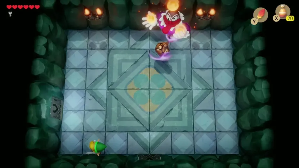 Link carrying the bottle toward a wall while the Genie flames above Link carrying the bottle toward a wall while the Genie flames above