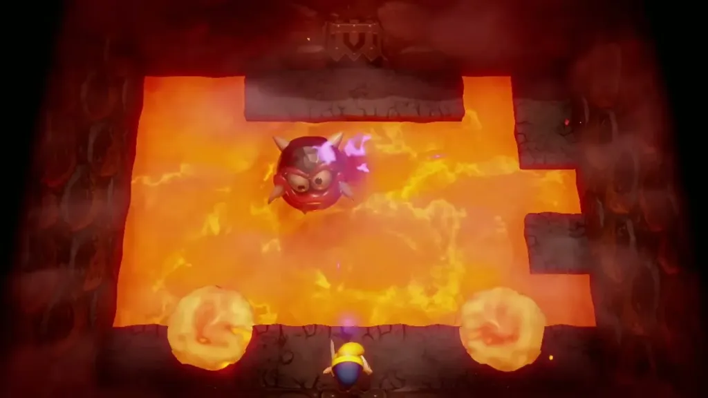 Fire splashing diagonally across the lava room as Link stays on the bottom strip Fire splashing diagonally across the lava room as Link stays on the bottom strip