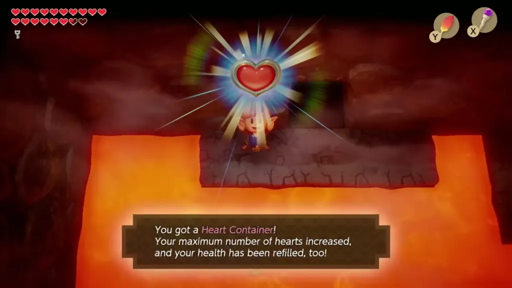 Link holding up the Heart Container with the item message box shown in full Link holding up the Heart Container with the item message box shown in full