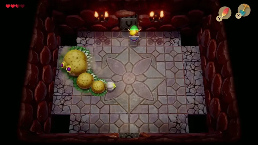 Moldorm's segmented body curling around the arena while Link keeps his distance Moldorm's segmented body curling around the arena while Link keeps his distance
