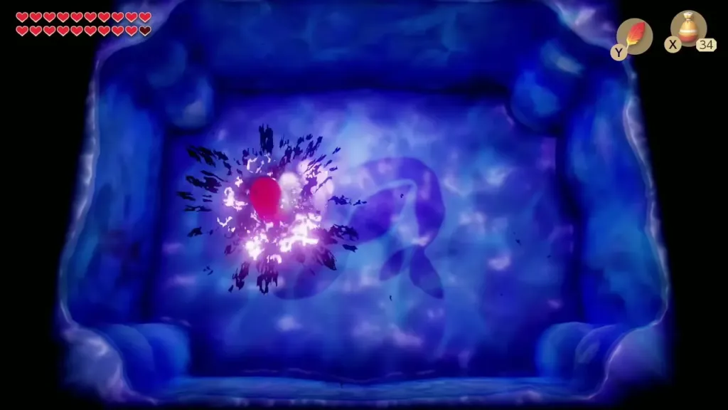 Link hitting the first Shadow Nightmare form, dark fragments flying Link hitting the first Shadow Nightmare form, dark fragments flying