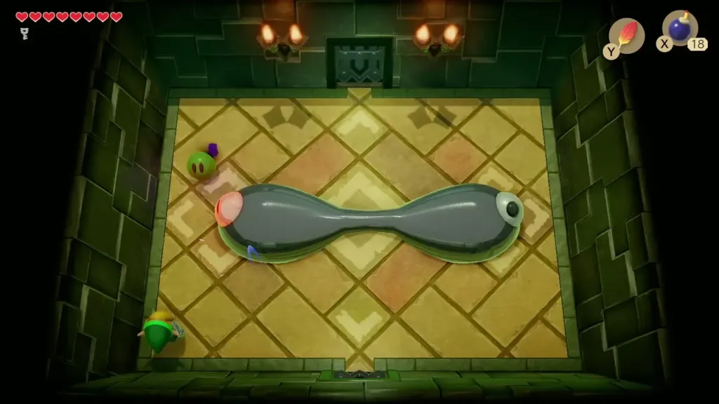 The Slime Eye stretched out long as Link runs along its side The Slime Eye stretched out long as Link runs along its side