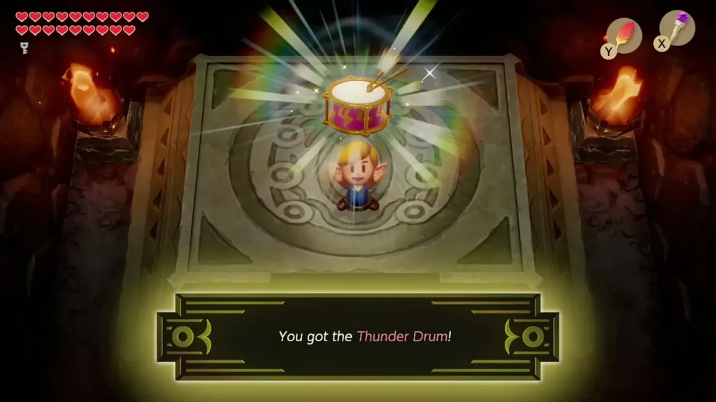 Link holding up the Thunder Drum with its item message box shown in full Link holding up the Thunder Drum with its item message box shown in full